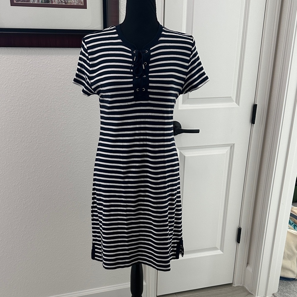 Chaps Petite Navy and White Striped Dress